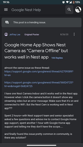 Google-Home-app-camera-offline-error-issue-community-thread