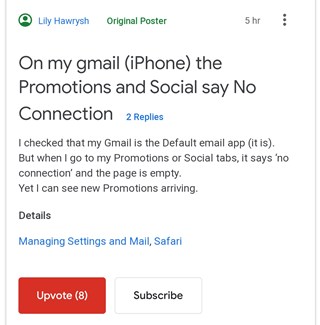 [Fix in works] Gmail Promotions or Social tab bug, shows 'no connection'...