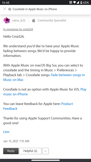 Community-Specialist-asks-to-share-feedback-for-Apple-Music-crossfade