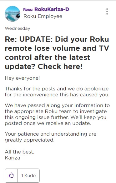 roku volume issue passed on for further investigation