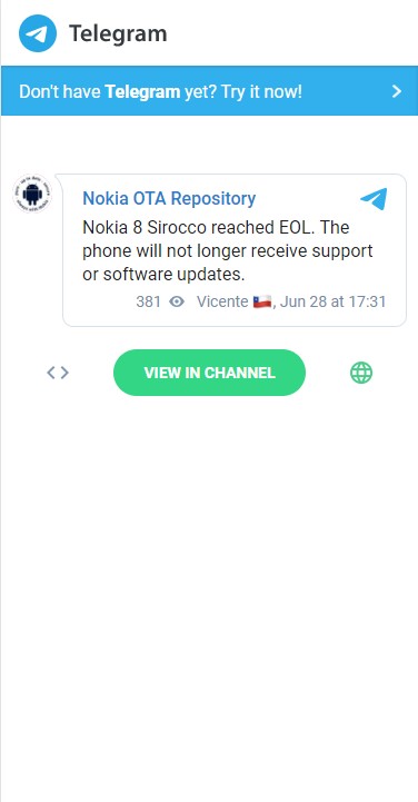 Nokia 8 Sirocco reached EOL. The phone will not longer receive support or software updates.
