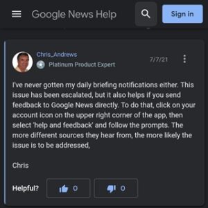 Daily briefings notifications issue on Google News escalated