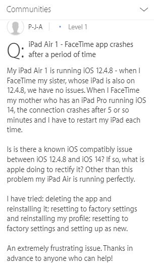 facetime crashing issues on iPads