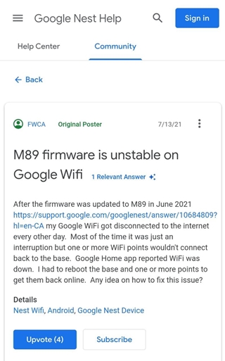 Google Nest Wifi M89 drops connections