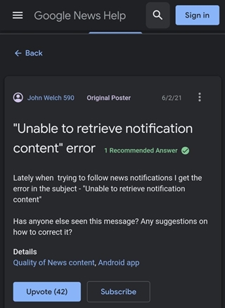 Unable to retrieve notifications on Google News