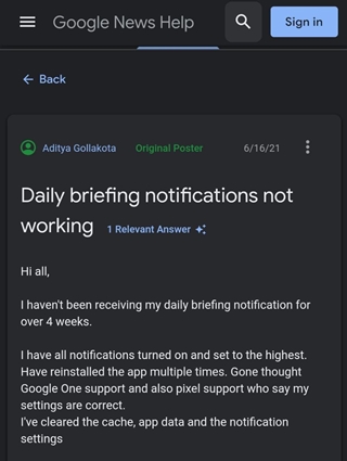 Briefing notifications not showing up from Google News