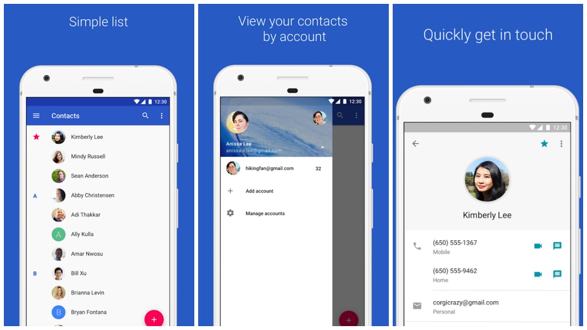  A screenshot of the Android app for finding contacts, which displays a list of contacts, a contact's profile, and options for adding and managing contacts.