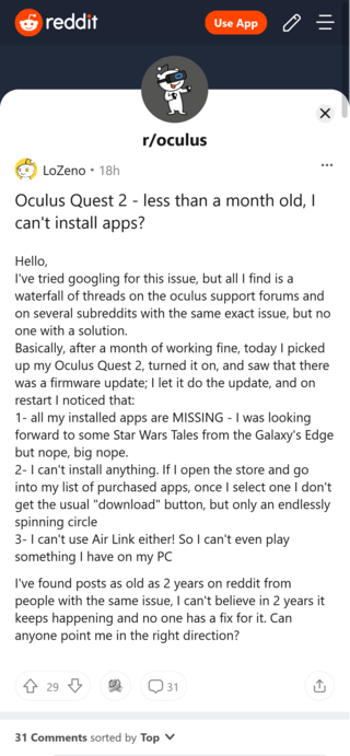 Oculus Quest 2 unable to install apps issue acknowledged