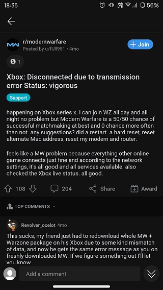 Modern-Warfare-Disconnected due to transmission error-reports