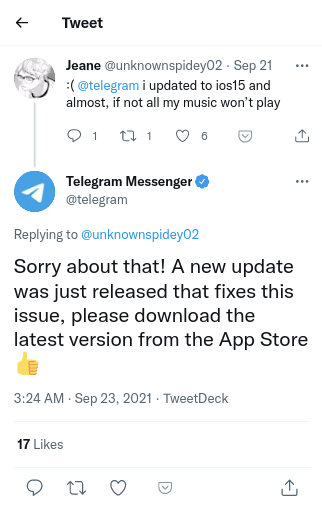 Versión de Telegram ios 15 arreglada