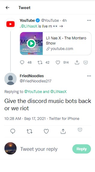 youtube discord music bots outrage tweet