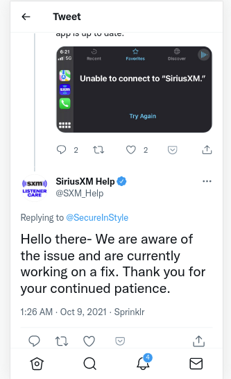 SiriusXM does not have an ETA for a fix