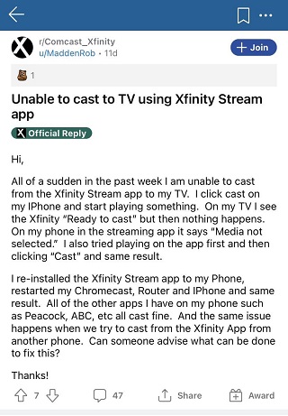 Xfinity-stream-casting-issue