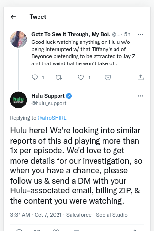 hulu asking for info for beyonce ads