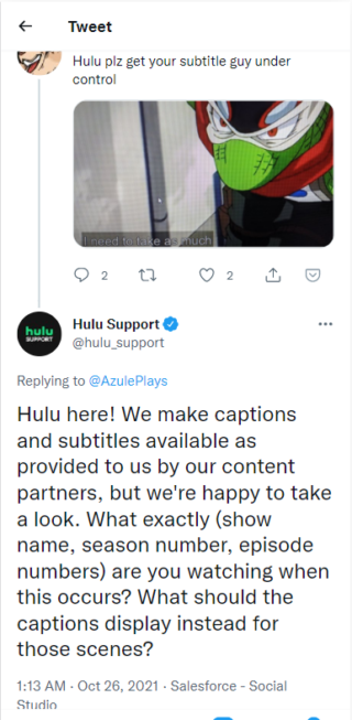 hulu subtitles issue acknowledgment