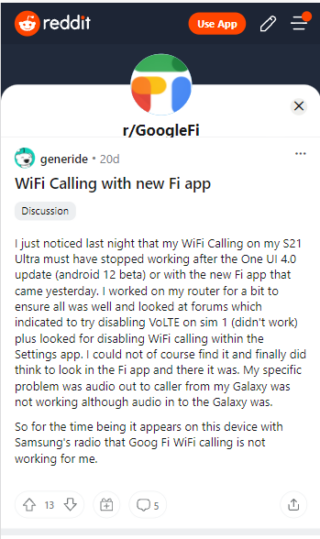 google fi wi-fi calling experience samsung android 12 beta