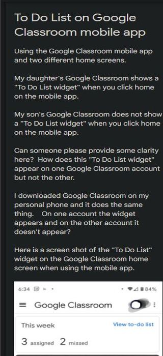 Google Classroom missing to do list widget