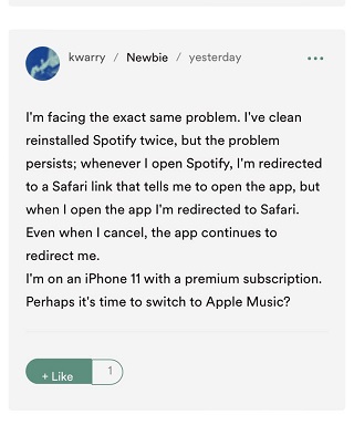 Spotify aware iOS app suddenly redirecting some users to Safari browser