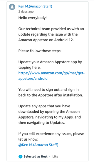 android 12 amazon app store issue