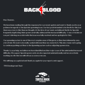 back4blood spawning fix in the works