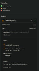 Page d'état de DayZ-down-Xbox