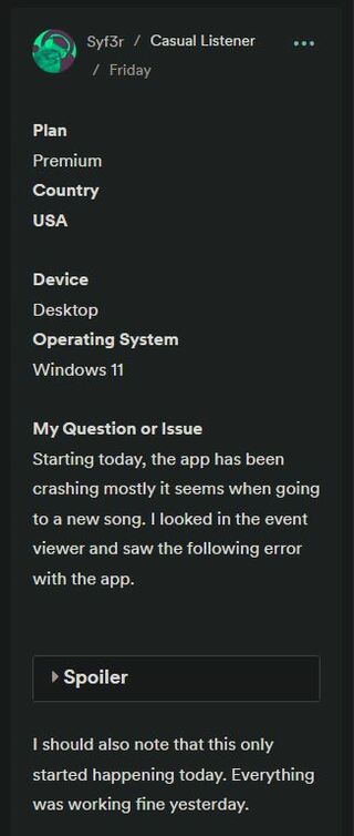 Spotify for Windows crashing at login, during playback, or after song ends