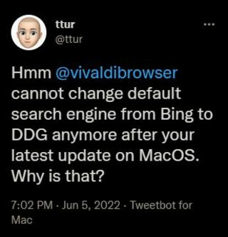 Vivaldi browser cannot change Bing search engine