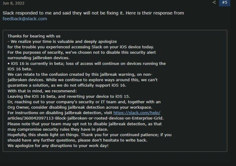 Slack 'Jailbroken device' message on iOS 16 issue acknowledged