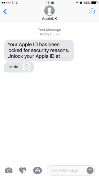 Apple id Scam message example