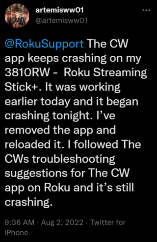 CW app crash Roku