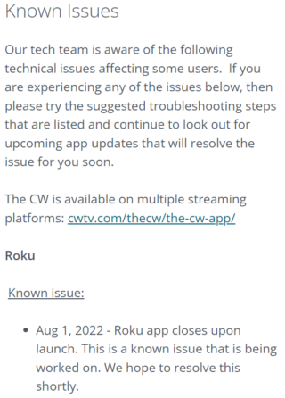 CW app crashing on Roku