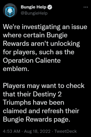 Destiny 2 Operation Caliente emblem bugged
