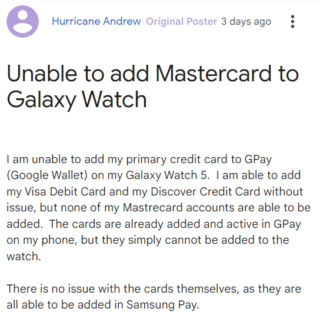 Google Wallet users unable to add Mastercard on Wear OS watch's