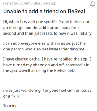 BeReal add friends not working on Android
