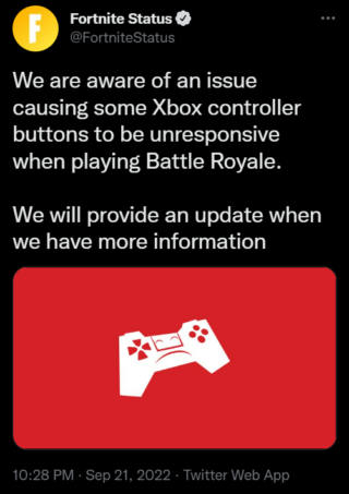Fortnite Xbox controller issue acknowledgement