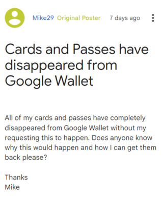 Google Wallet saved cards & tickets disappearing or missing