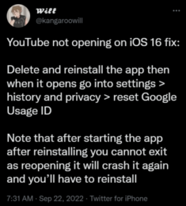Workaround for YouTube crashing issue for iOS 16 users