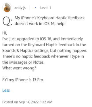 iOS 16 keyboard haptic not working