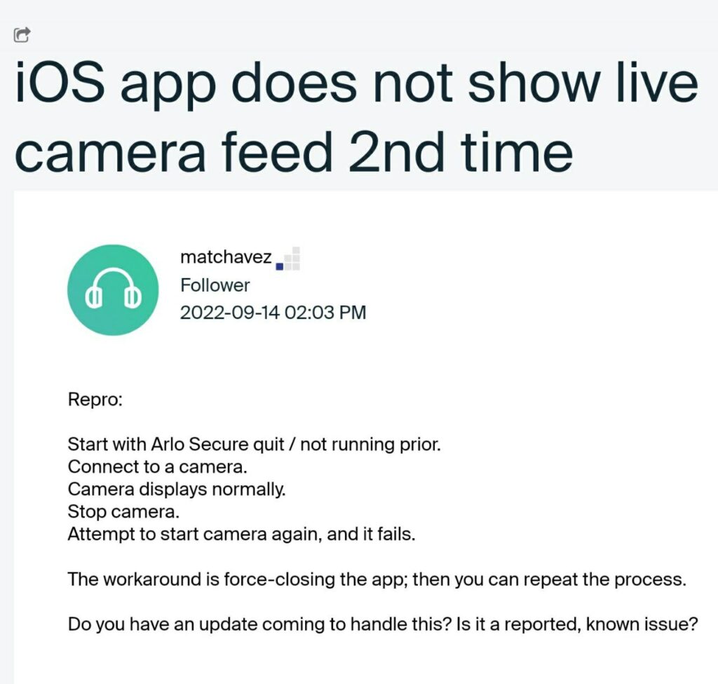 Arlo security camera 'Live View' not working after iOS 16 update