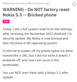 Nokia 5.3 Android 12 update bricking some units