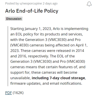 Arlo End of Life policy