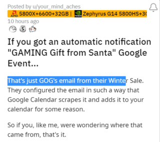 Google Calendar 'Gaming gift from Santa Inside': Read more here