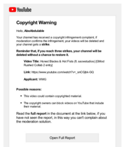 YouTube Copyright warning scam emails