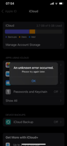 iCloud Drive or backup throwing An unknown error
