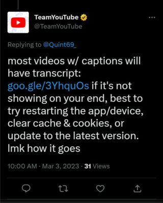 YouTube-Show-transcript-option-missing-official-response