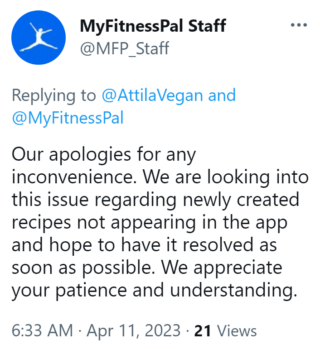 MyFitnessPal unable to save recipes