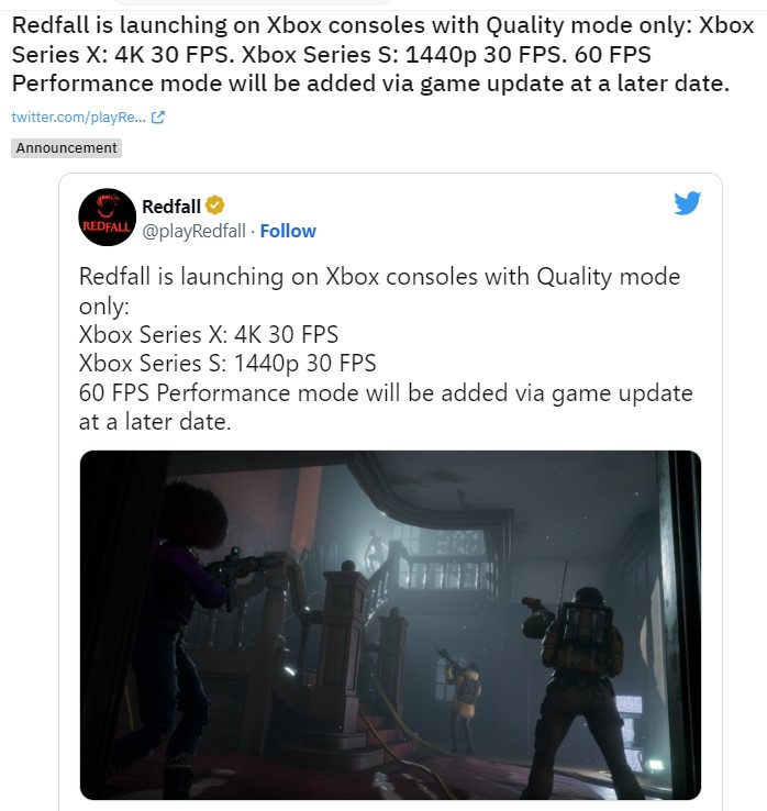 Redfall will launch at 30 FPS with Performance Mode coming at a later  date