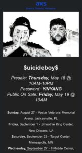 $uicideboy$ tour 2023 presale code