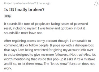 Instagram Password reset option not working