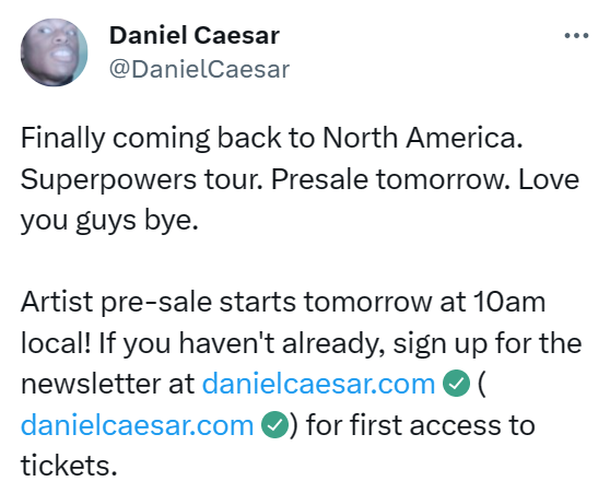 Daniel Caesar Superpowers World Tour: presale code for Live Nation & more